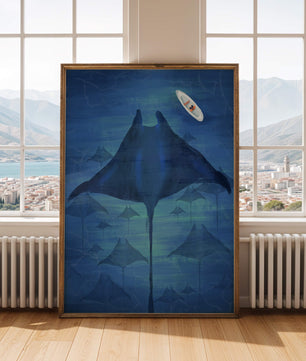 Escena submarina serena con mantarrayas y una canoa solitaria