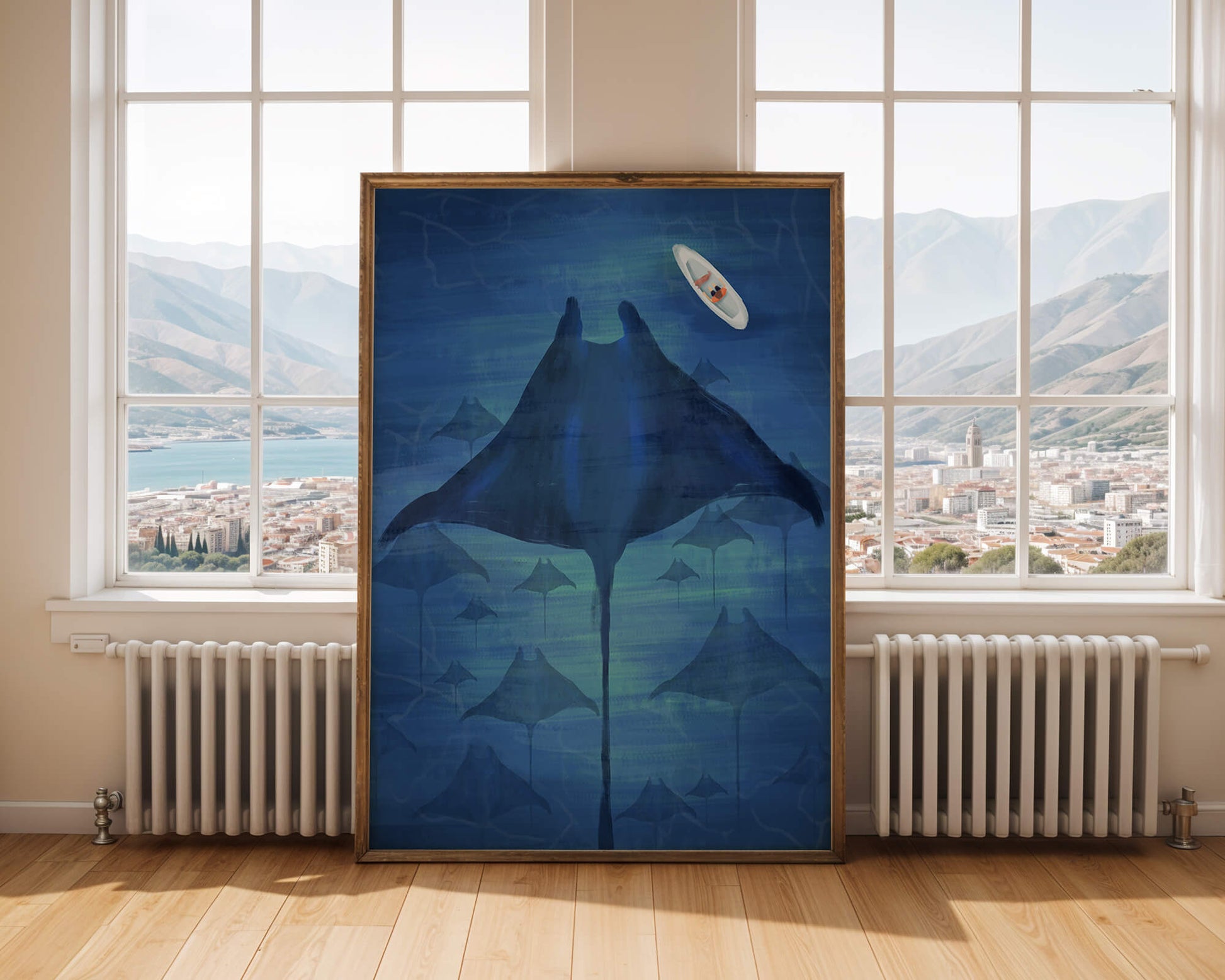 Serene underwater scene with manta rays and a lone kayak