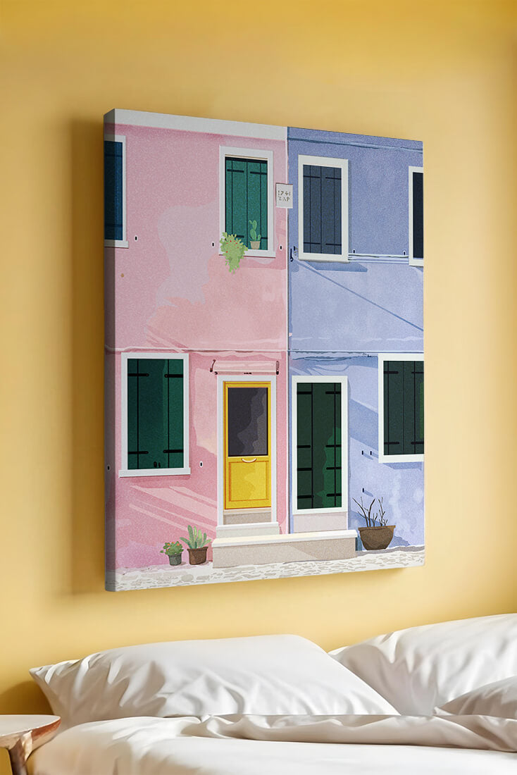 Charming pastel houses with colorful doors and windows