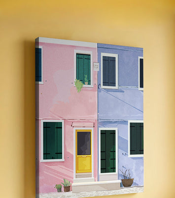 Charming pastel houses with colorful doors and windows