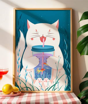 Playful cat with a fish tank tumbler in the underwater scene illustration