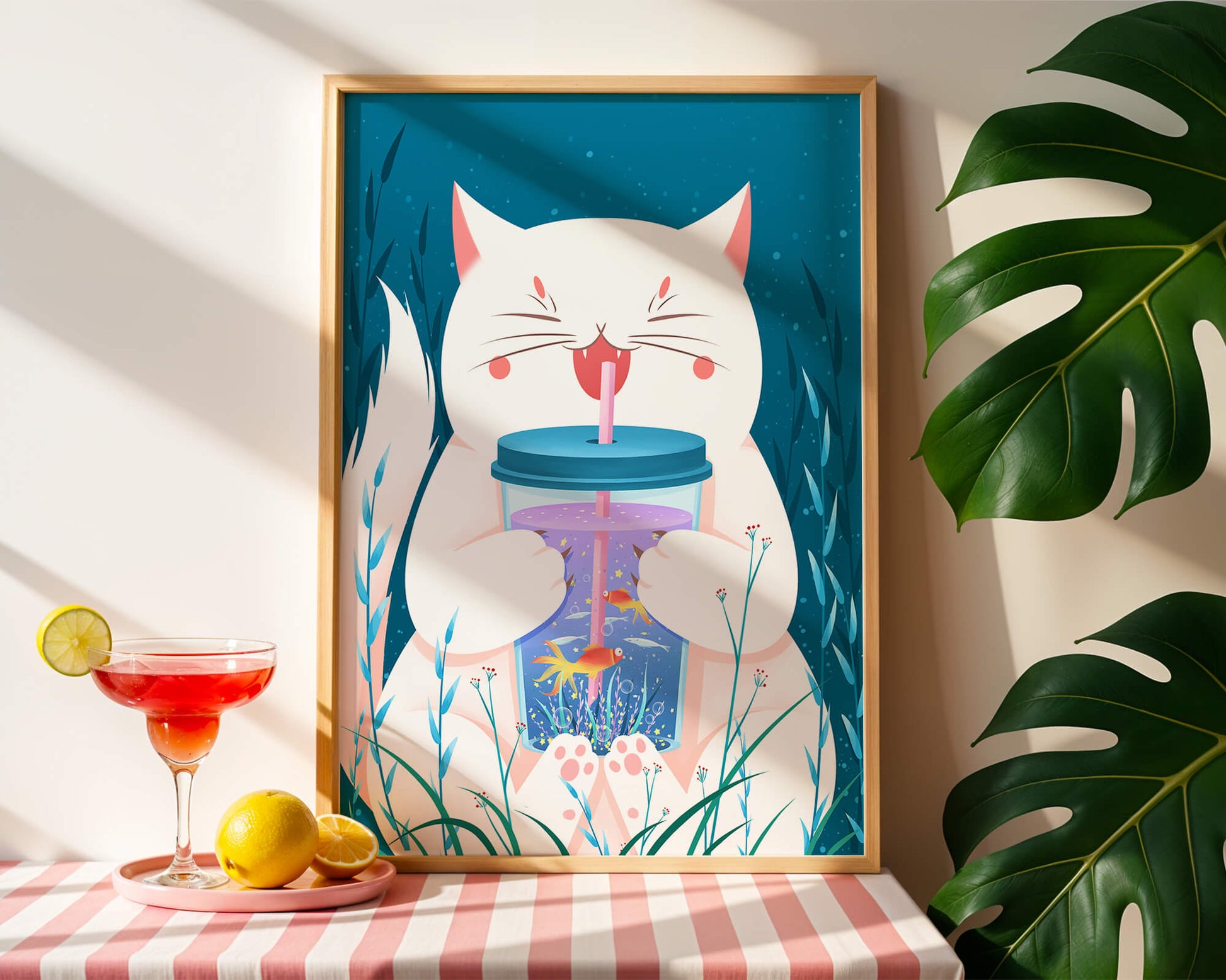 Playful cat with a fish tank tumbler in the underwater scene illustration