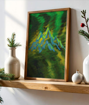 Abstract mountain landscape with vibrant colors and geometric lines