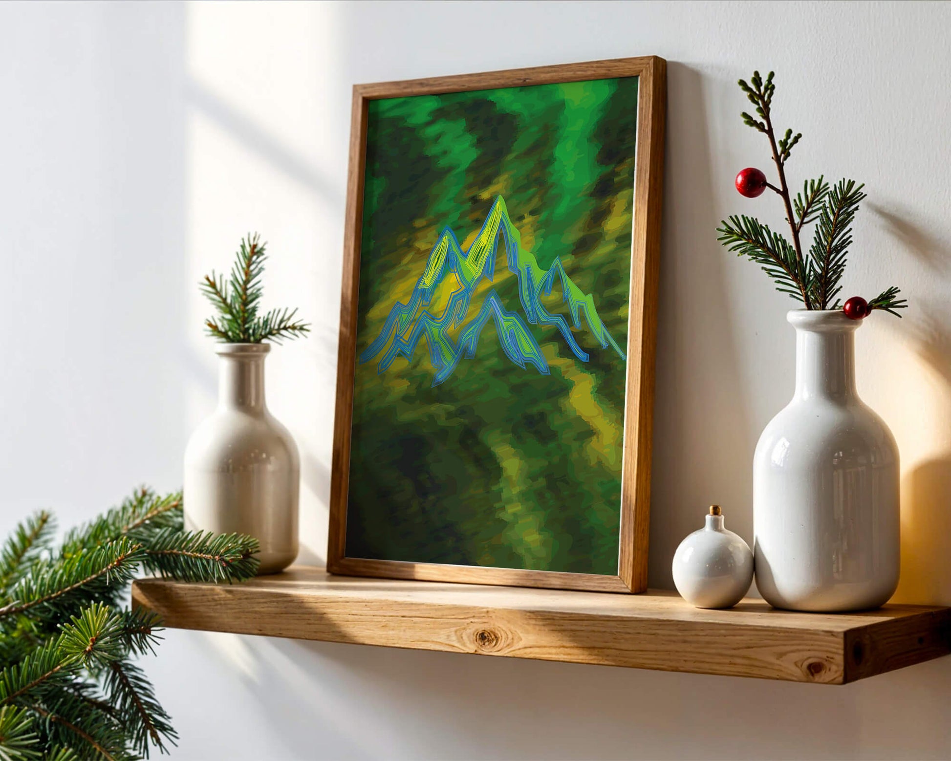 Abstract mountain landscape with vibrant colors and geometric lines