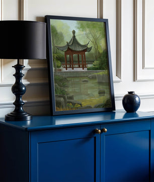 Tranquil Asian garden scene with traditional pagoda and serene pond