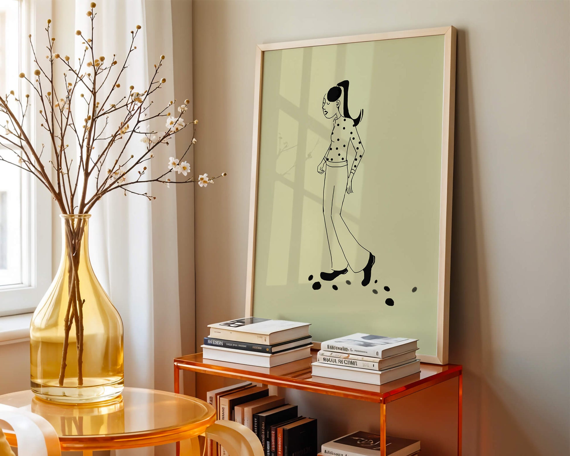 Illustration of a person walking in a polka dot shirt with ponytail