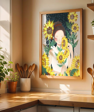 Young woman surrounded by vibrant sunflowers in a serene setting