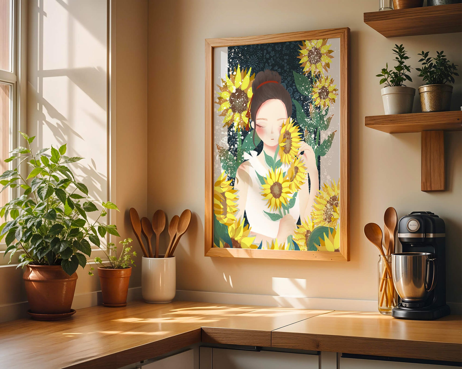 Young woman surrounded by vibrant sunflowers in a serene setting
