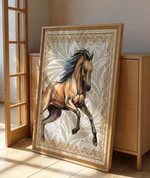 Elegant horse illustration with ornate golden frame
