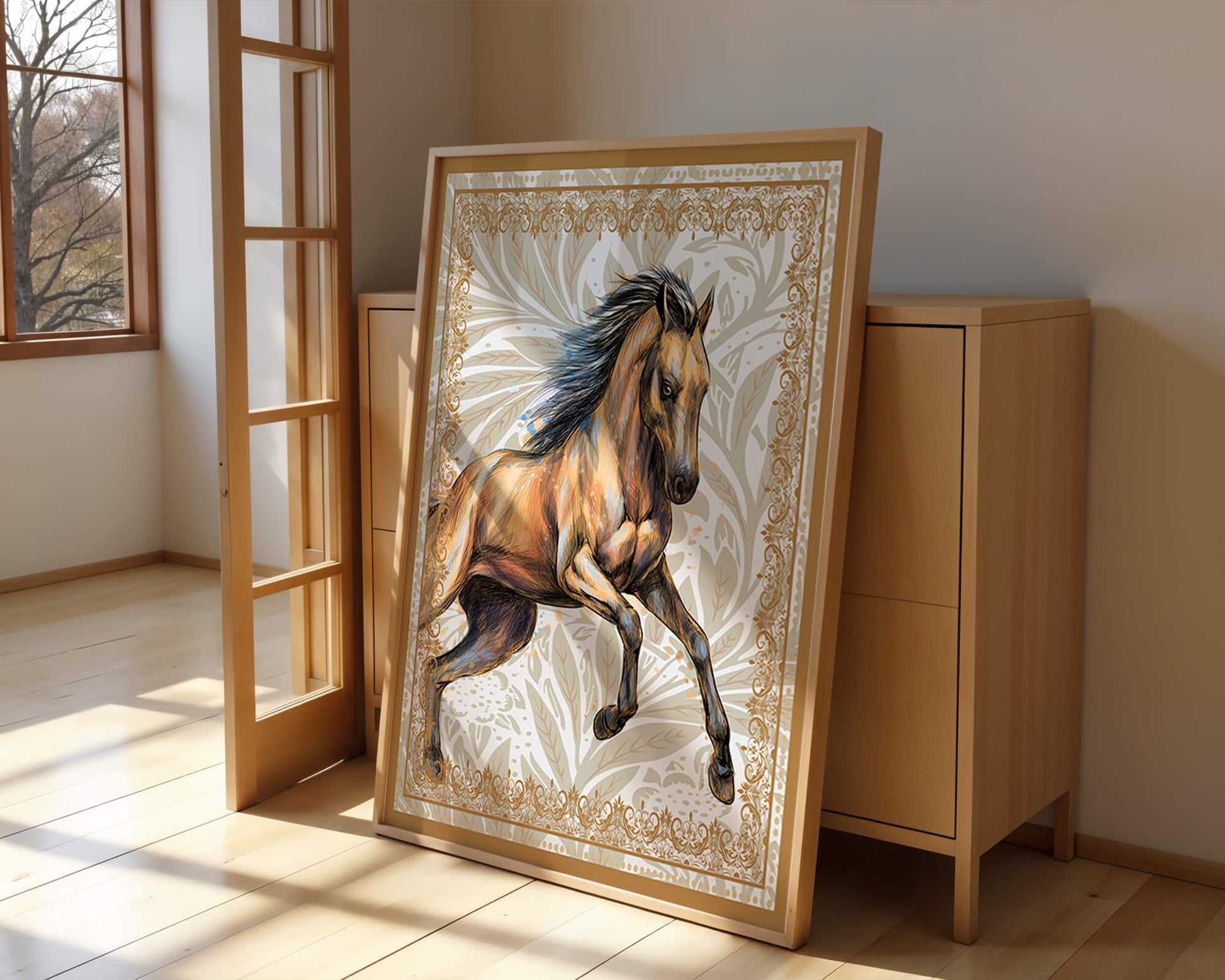 Elegant horse illustration with ornate golden frame