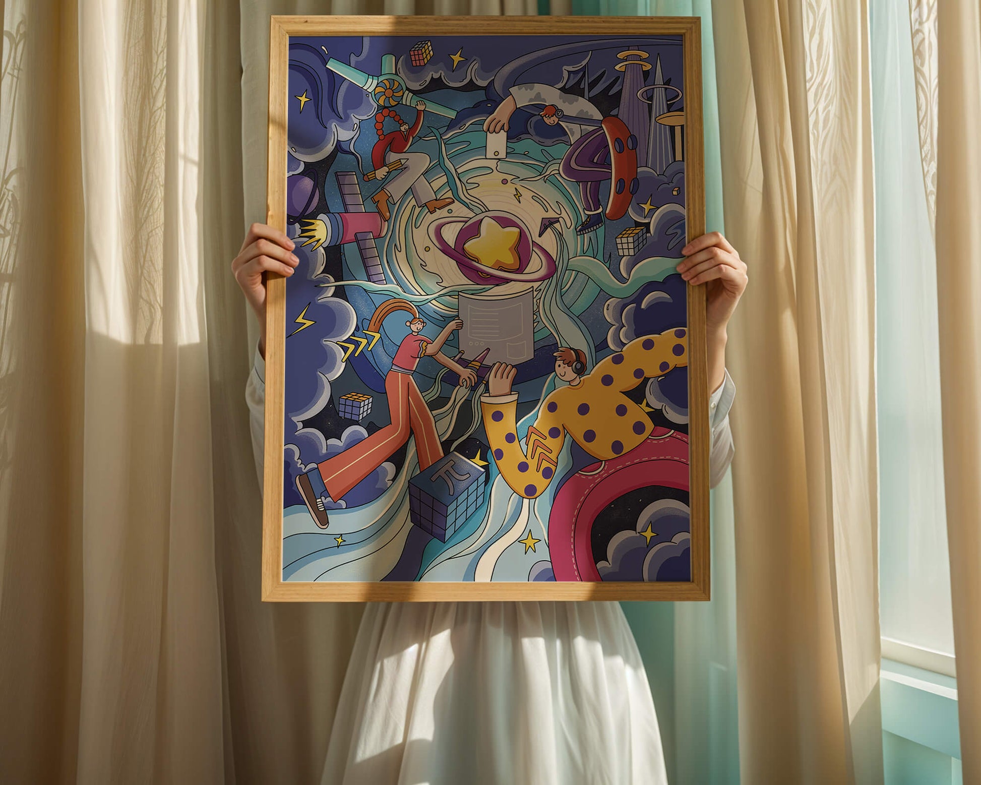 Colorful Cosmic Exploration with Animated Characters and Geometric Shapes