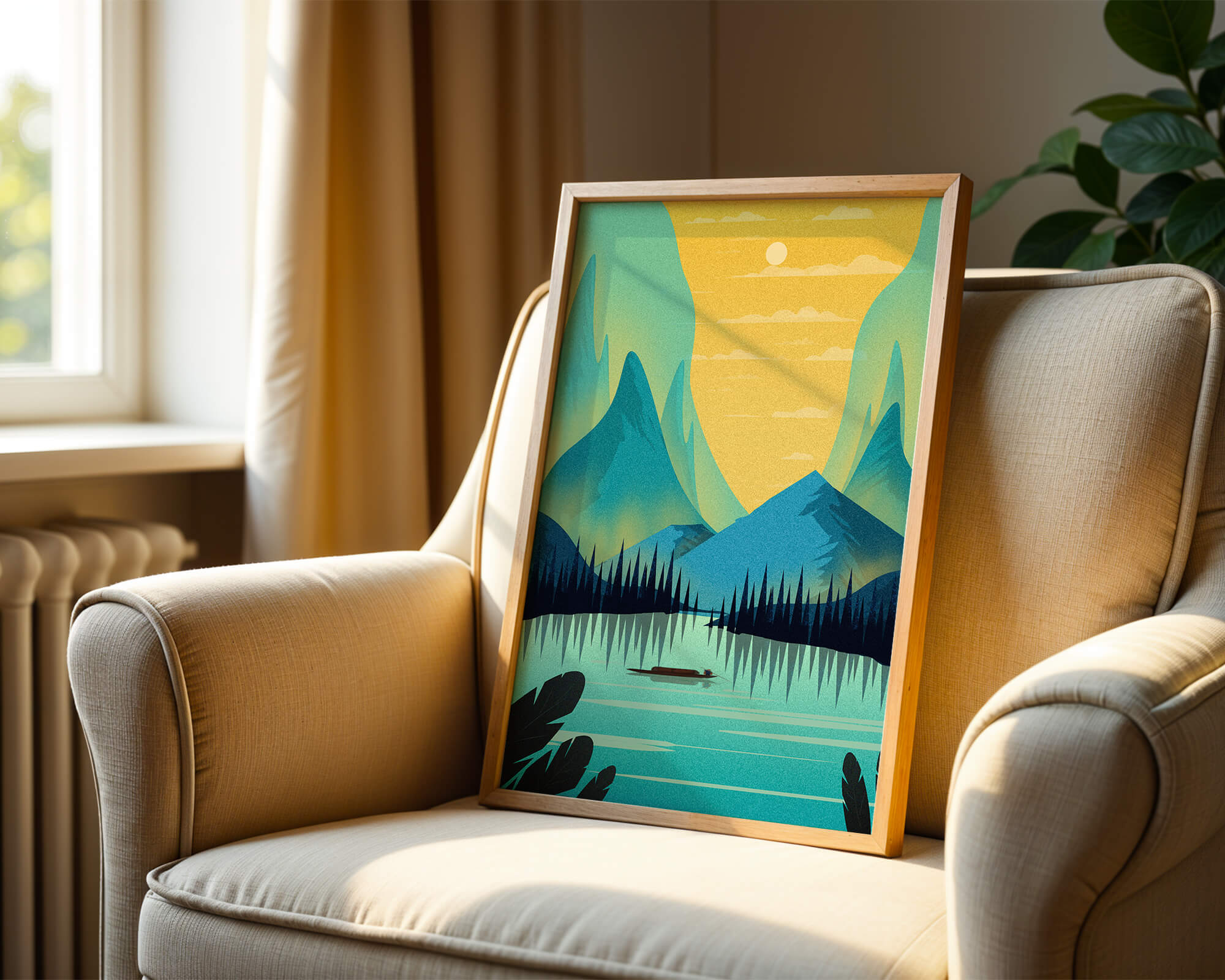 Serene lake landscape with mountains and sunset
