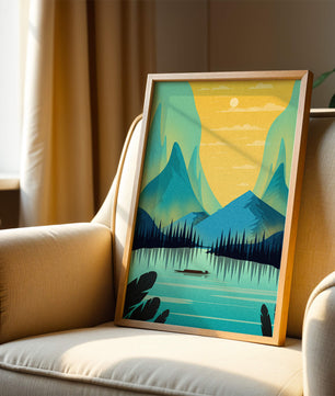 Serene lake landscape with mountains and sunset