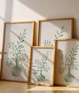 Illustration minimaliste à l’aquarelle de feuilles vertes dans un vase en verre