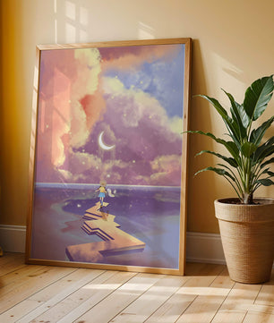 Whimsical journey on a dreamlike path beneath colorful clouds