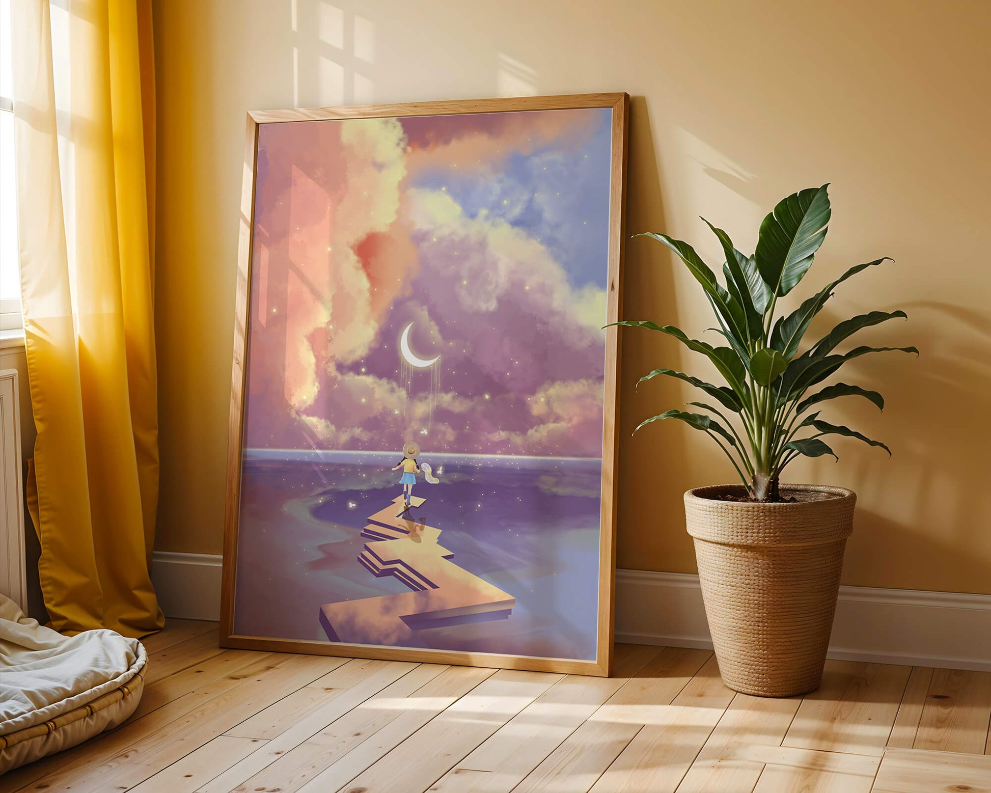 Whimsical journey on a dreamlike path beneath colorful clouds