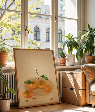 Still Life with Persimmons and Branch on a Neutral Background