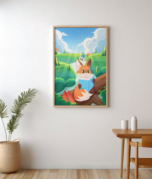 Fox Reading a Book in Scenic Green Landscape with Watermelon Slices