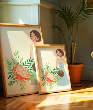 Ilustración de una mujer en vestido azul con diseño floral