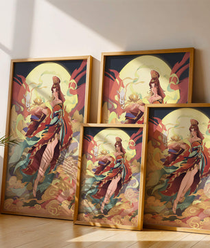 An enchanting depiction of a celestial figure with a mystical rabbit and vibrant attire