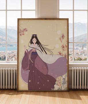 Elegant Woman in Traditional Garment with Snowflakes and Branches