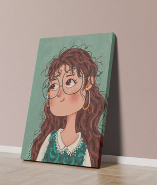 Illustration of a Thoughtful Girl with Glasses and Curly Hair