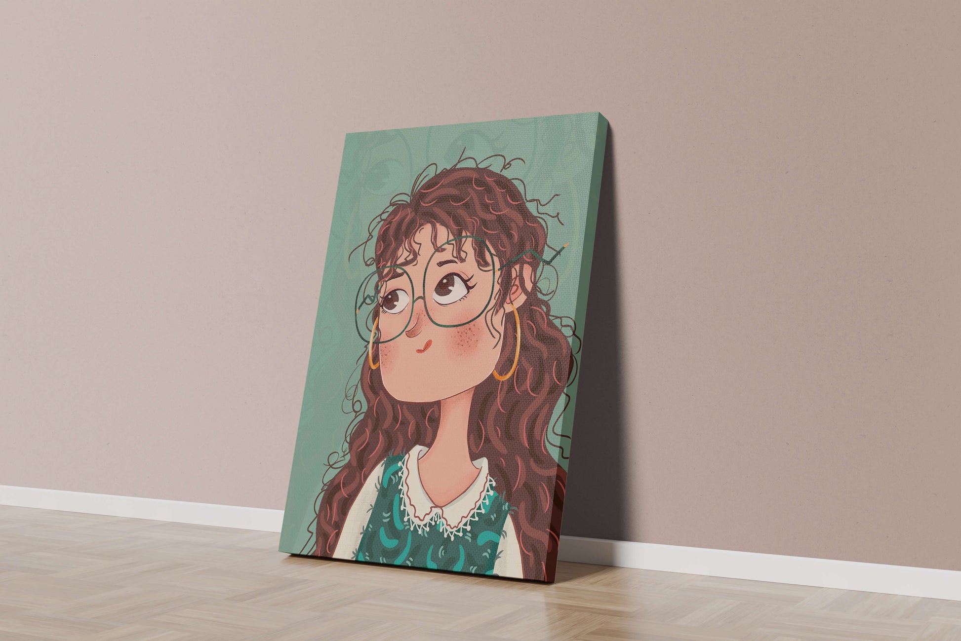 Ilustración de una chica pensativa con gafas y pelo rizado