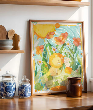 Charming watercolor illustration of lion and rabbit in a vibrant floral landscape