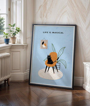 Charming Cat Relaxing on a Chair with Inspirational Quote and Art