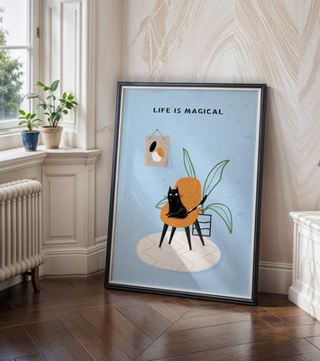 Charming Cat Relaxing on a Chair with Inspirational Quote and Art