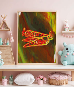Abstract art featuring neon carrots on a colorful background