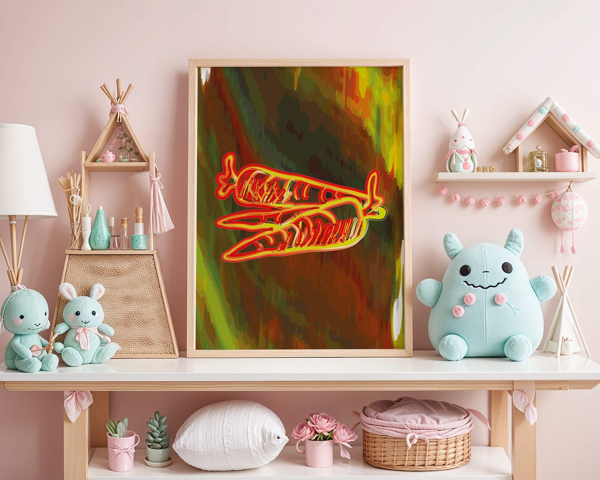 Abstract art featuring neon carrots on a colorful background