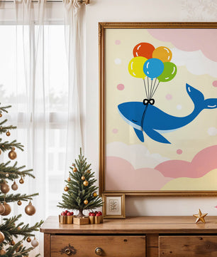 Skurriler Wal, der mit bunten Luftballons fliegt