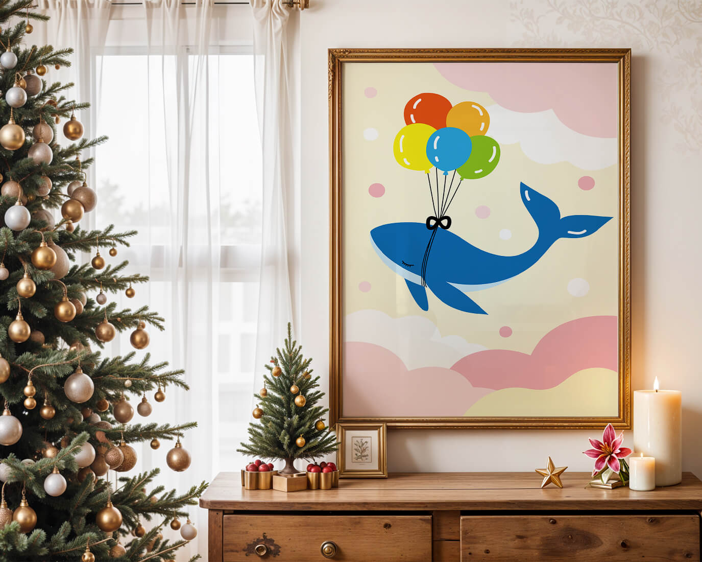 Skurriler Wal, der mit bunten Luftballons fliegt