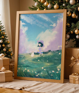 A Little Girl in a Purple Dress and Hat with a White Rabbit in a Flower Field Under a Blue Sky