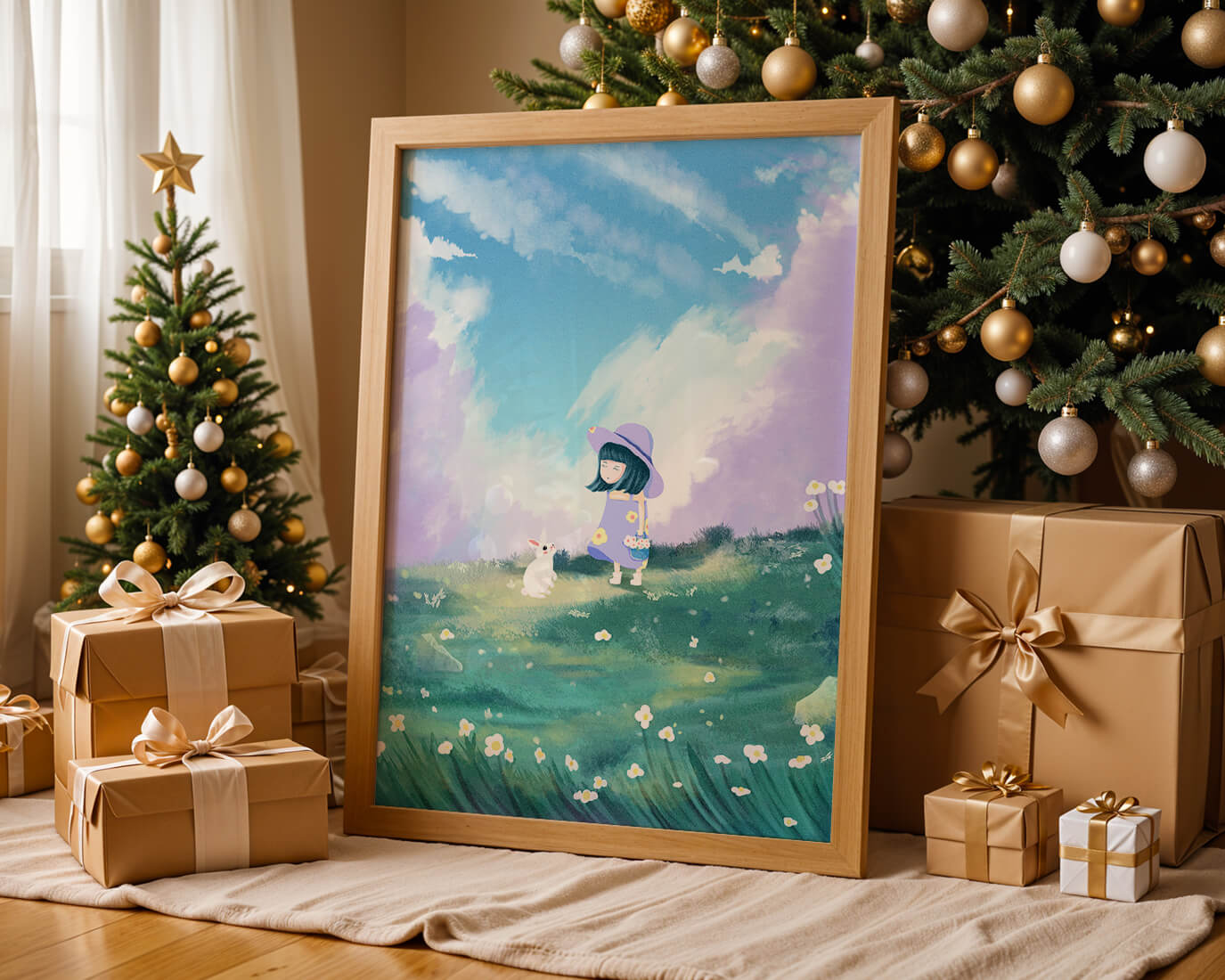 A Little Girl in a Purple Dress and Hat with a White Rabbit in a Flower Field Under a Blue Sky