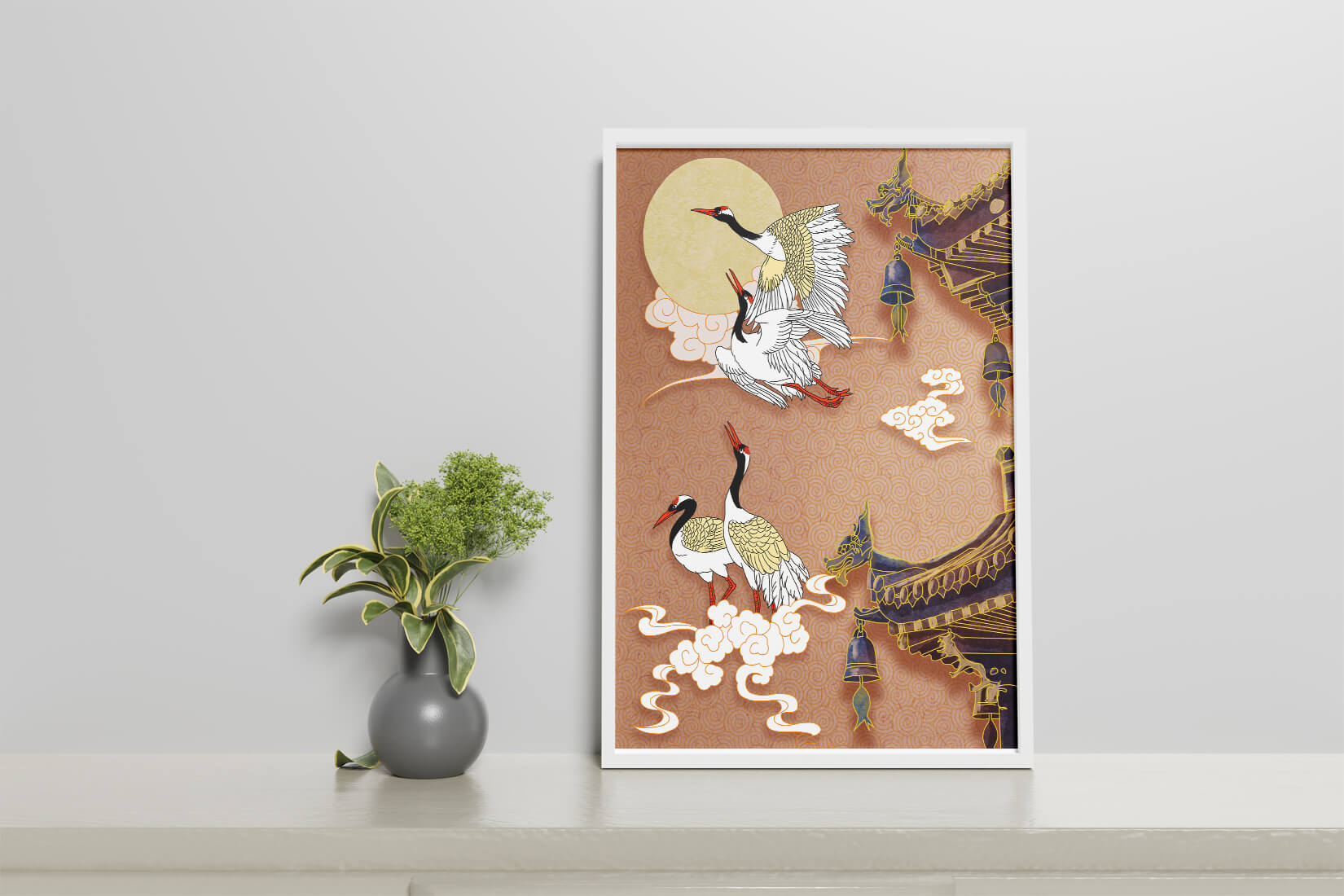 Elegant cranes flying beside traditional Asian architecture under moonlight
