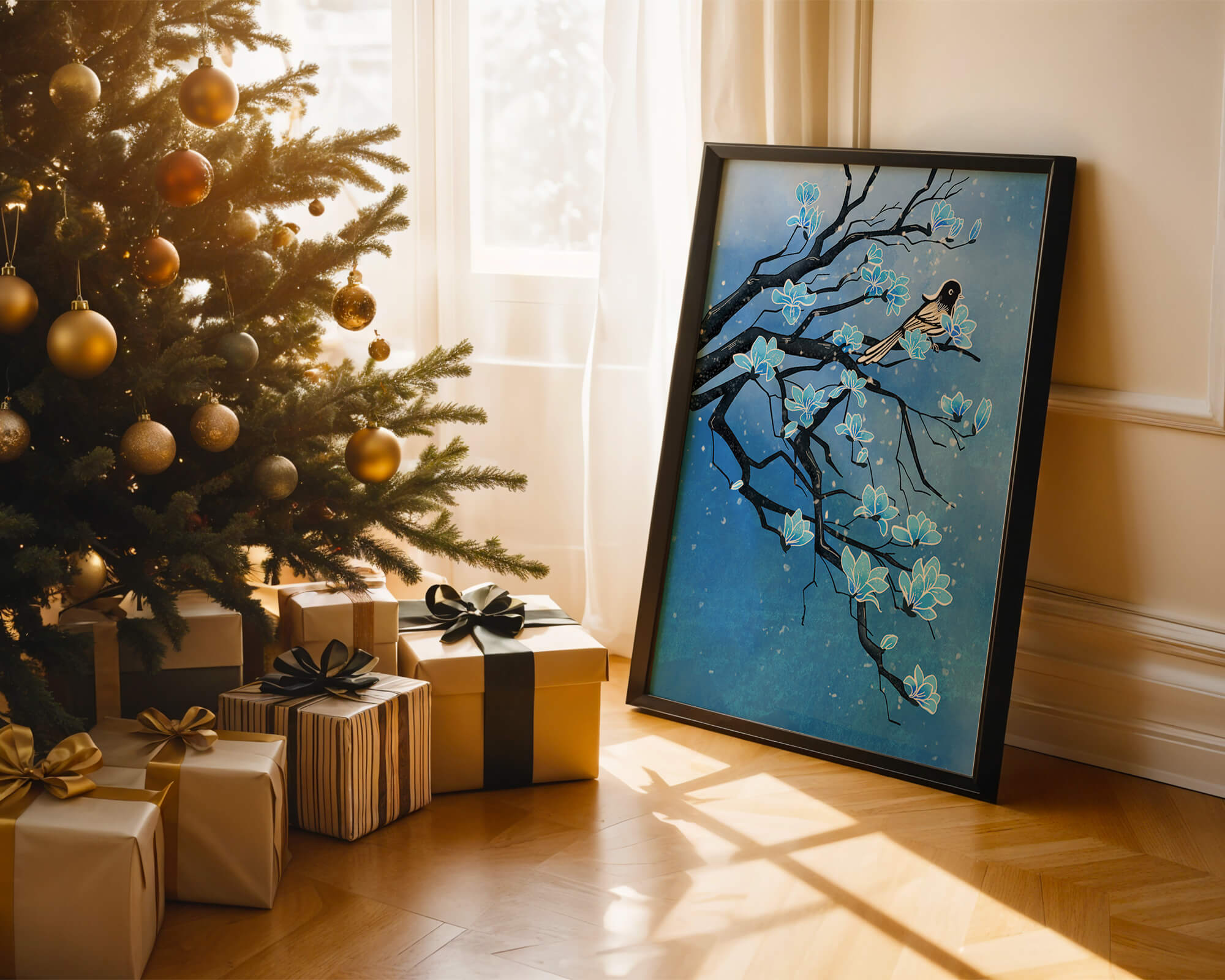 Bird on a branch with blue flowers against a snowy background