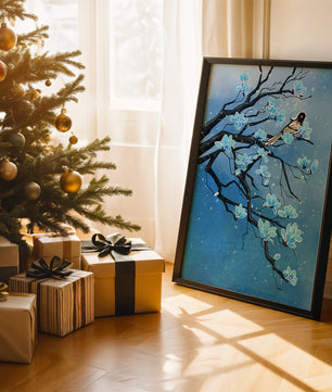 Bird on a branch with blue flowers against a snowy background