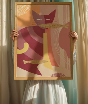 Abstract cat artwork with gold accents and colorful patterns