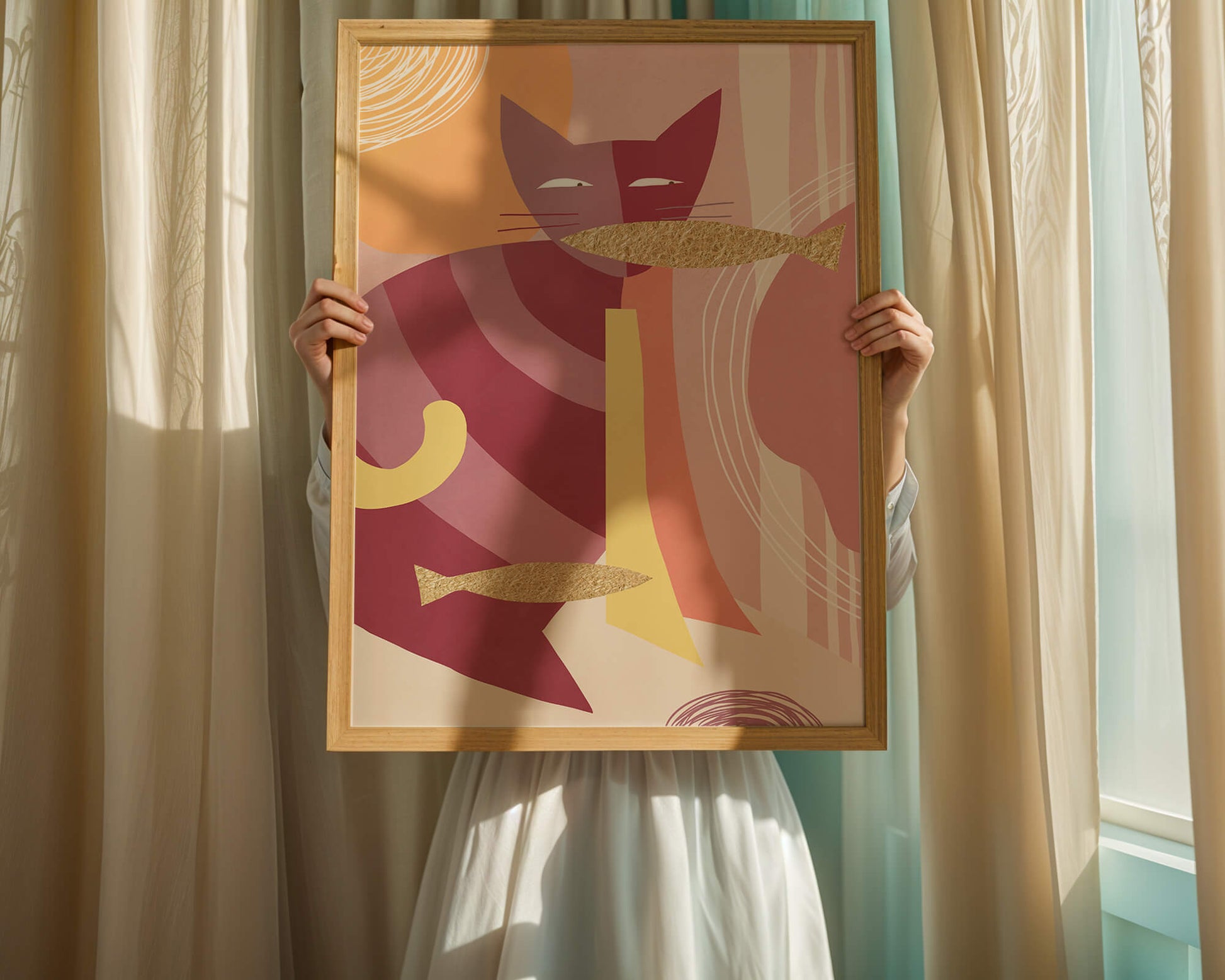 Abstract cat artwork with gold accents and colorful patterns