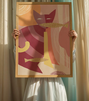 Abstract cat artwork with gold accents and colorful patterns