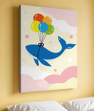 Skurriler Wal, der mit bunten Luftballons fliegt