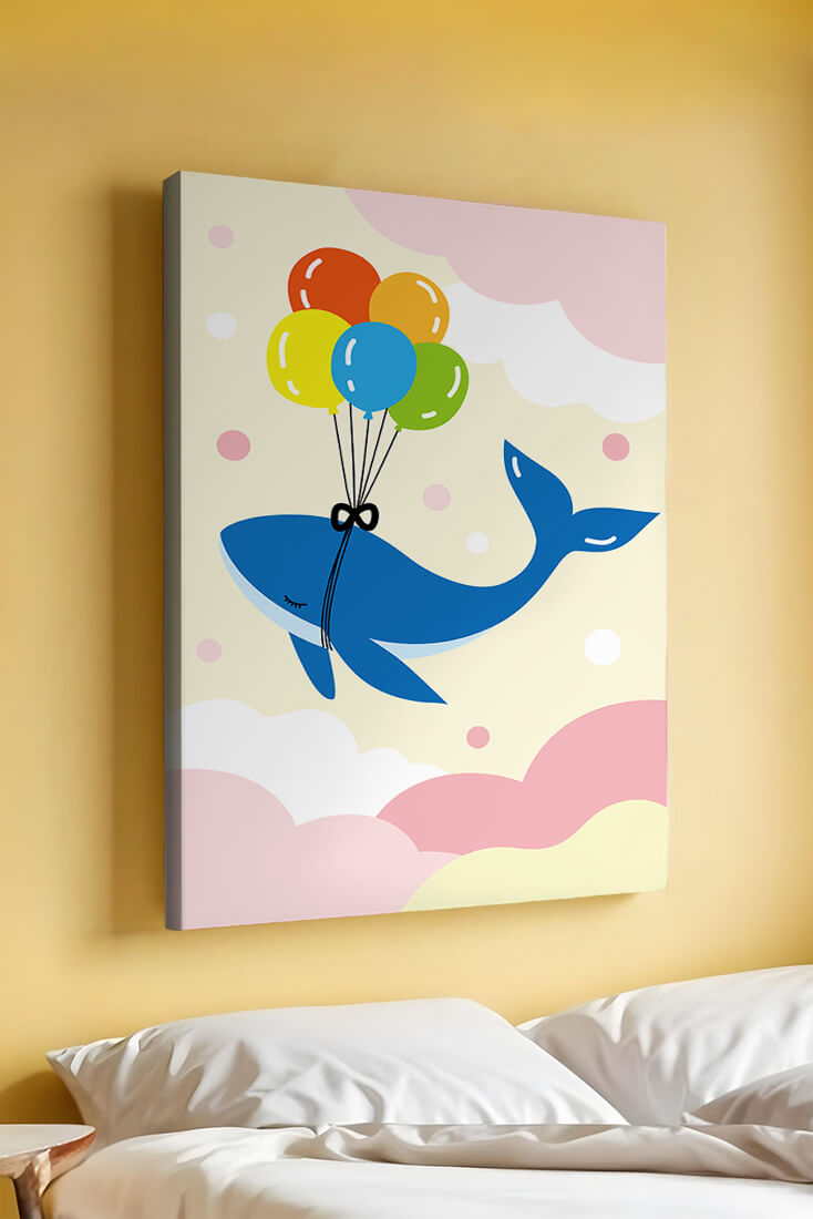 Skurriler Wal, der mit bunten Luftballons fliegt