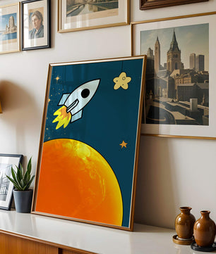 Cartoon Rocket in Space with Yellow Star - Mi tienda
