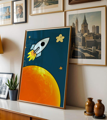 Cartoon Rocket in Space with Yellow Star