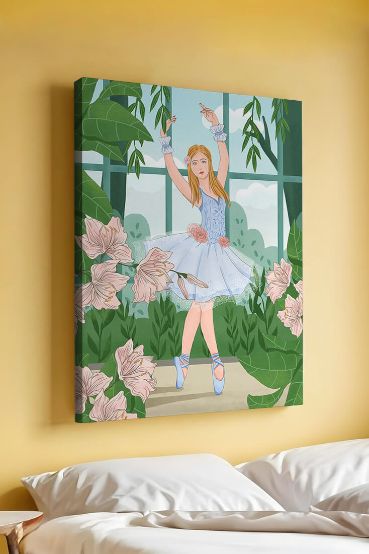 Elegant ballet dancer in a floral and botanical setting