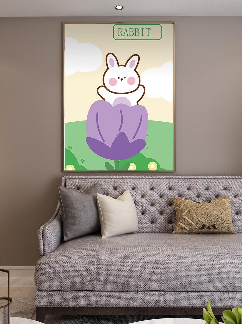 Ilustración caprichosa de un conejo adorable en una flor con colores pastel
