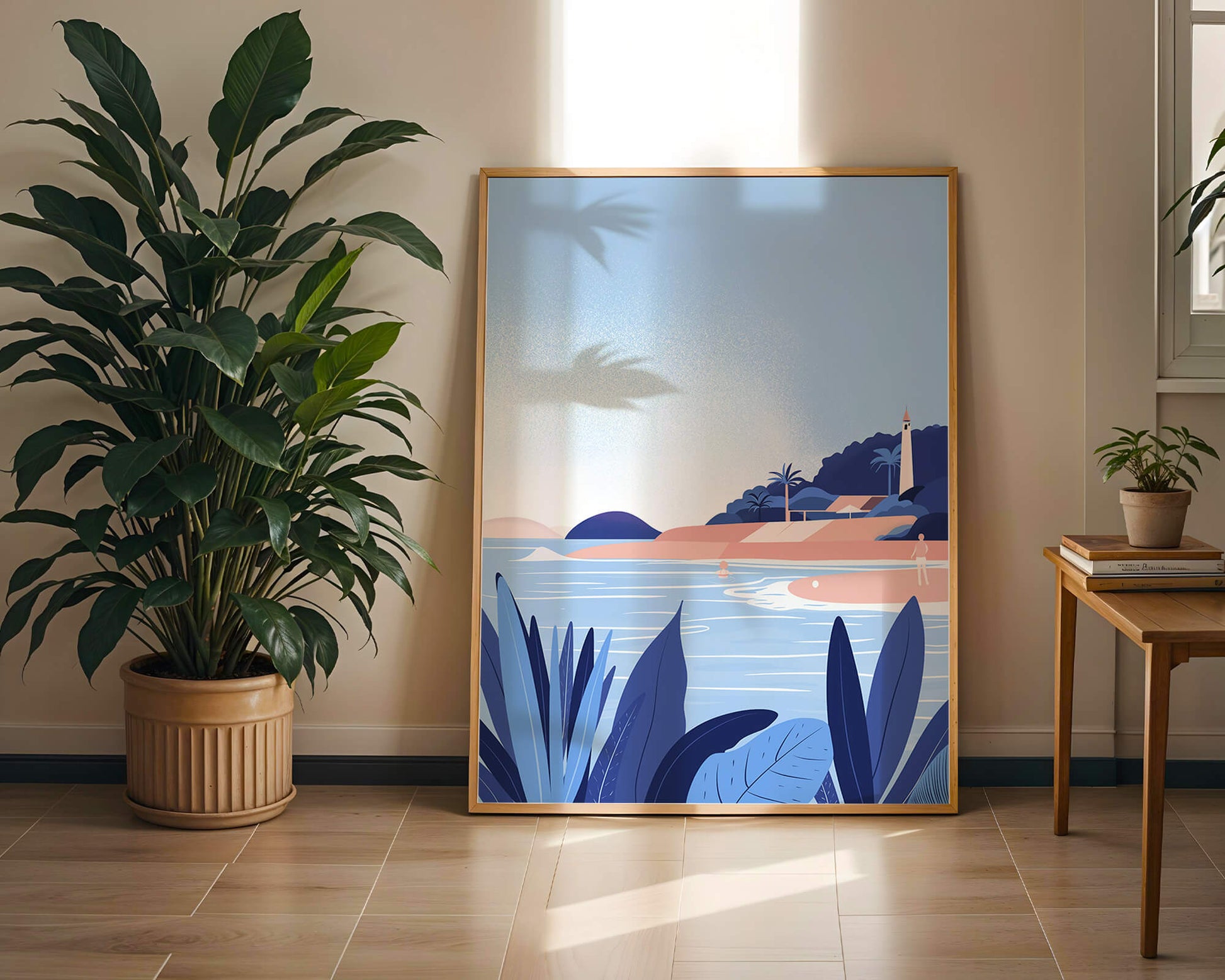Serene seaside scene with lighthouse and tropical foliage