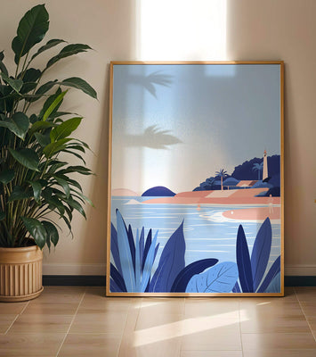 Serene seaside scene with lighthouse and tropical foliage